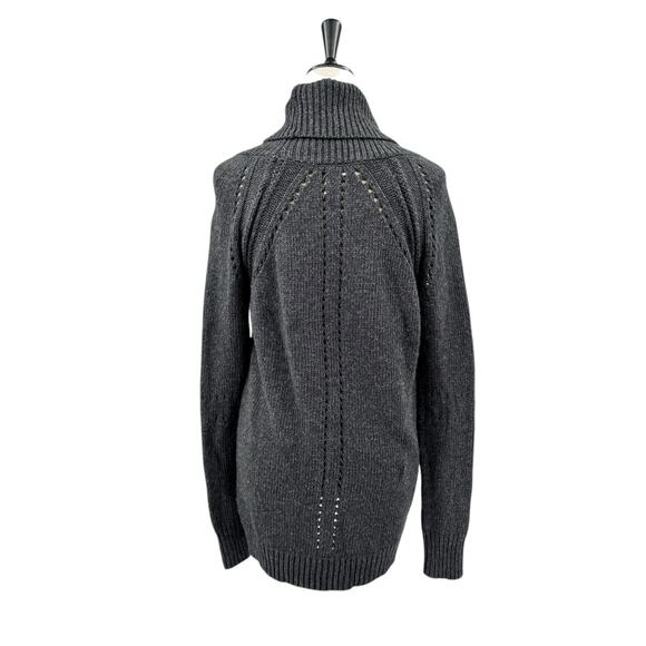 LOFT Charcoal Gray Wool Blend Open Knit Cowl Neck Asymmetrical Hem Sweater - Picture 3 of 11